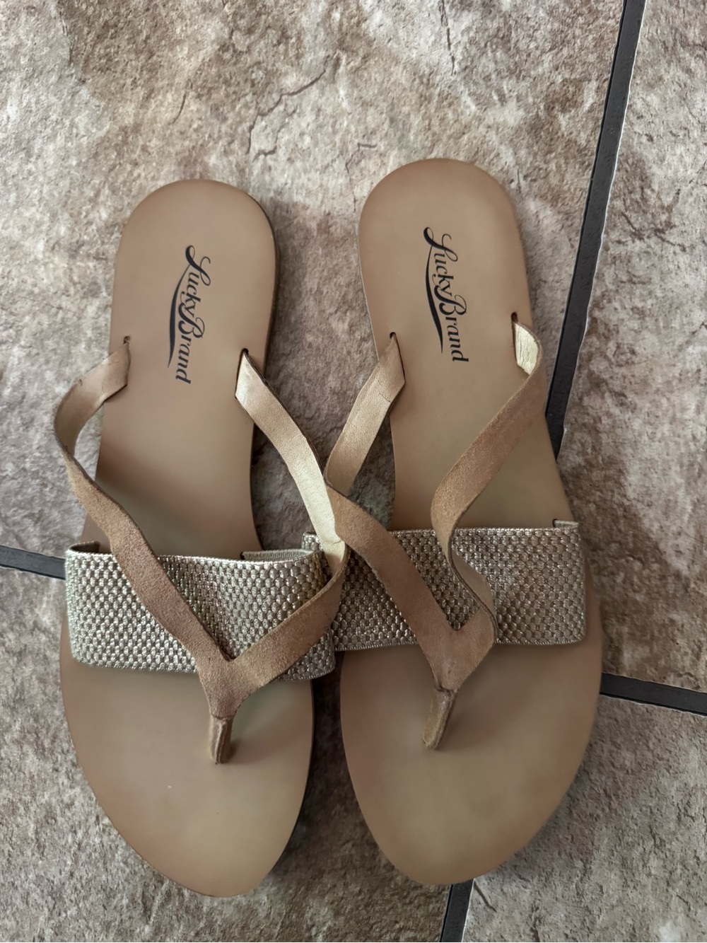Lucky Brand Metallic Tan Woven Strap Slide Sandals